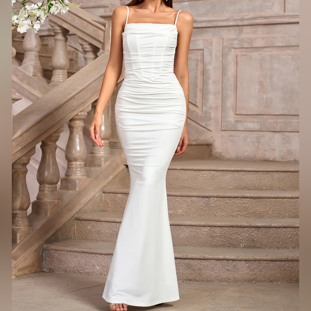 Parthea White Solid Ruched Bodycon Formal Dress Size XS